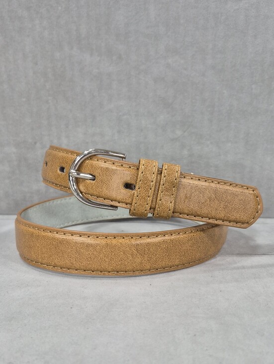 Accessories - Leather belt women's medium light brown tan silver rounded buckle casual